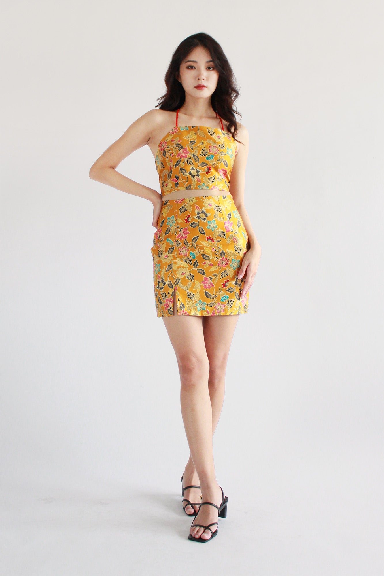 Mustard oriental satin bandeau shop lace up back bodycon dress